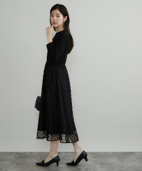 couture brooch(クチュールブローチ)の「【チュールの上品な揺れ・セットアップ可】ドッキング ニットワンピース(ワンピース・レディース・ブラック系4/ホワイト系7・42/40/38/36)」の6枚目の写真