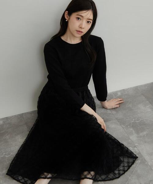 couture brooch(クチュールブローチ)の「【チュールの上品な揺れ・セットアップ可】ドッキング ニットワンピース(ワンピース・レディース・ブラック系4/ホワイト系7・42/40/38/36)」の9枚目の写真