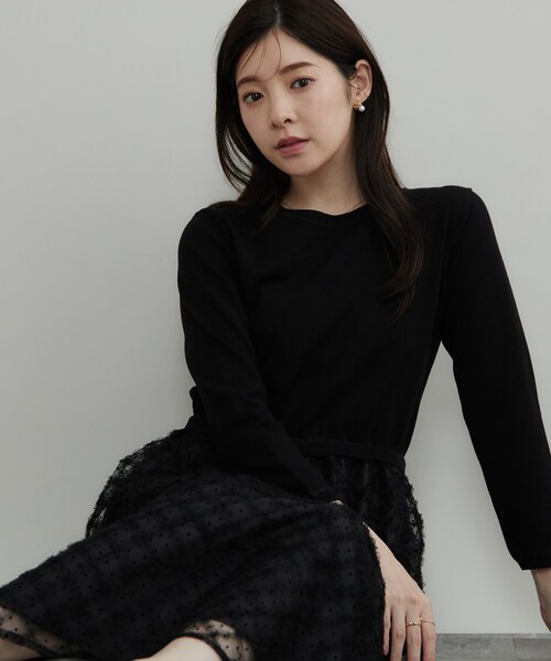 couture brooch(クチュールブローチ)の「【チュールの上品な揺れ・セットアップ可】ドッキング ニットワンピース(ワンピース・レディース・ブラック系4/ホワイト系7・42/40/38/36)」の10枚目の写真