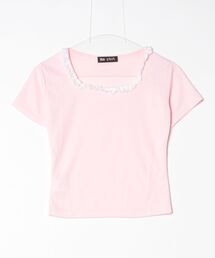 襟レース半袖Tシャツ レディス