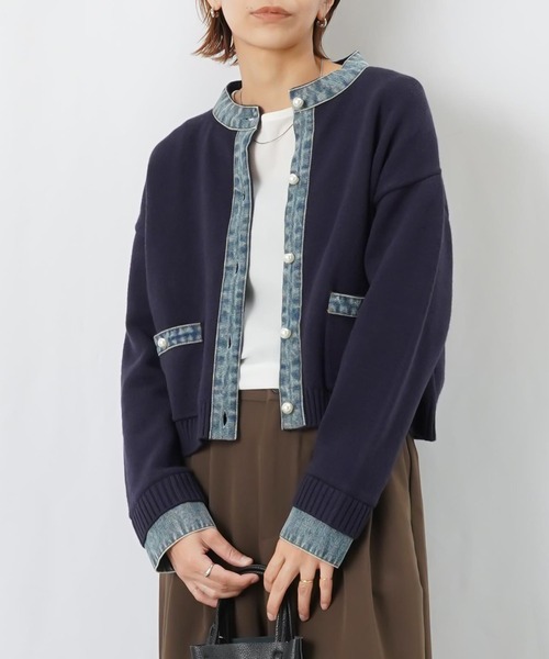 LUCA/LADY LUCK LUCA(ルカ/レディラックルカ)の「LC/LLL デニム配色ニットジャケット(ノーカラージャケット・レディース・ネイビー/ブラウン/グレー・FREE)」の3枚目の写真