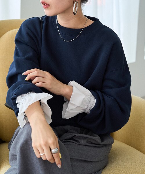 FREAK'S STORE（フリークスストア）の「限定展開　フリル 袖 ドッキング 裏起毛 スウェット（スウェット・レディース・ナチュラル/グレー/ネイビー/ブラック・ﾌﾘ-）」の7枚目の写真