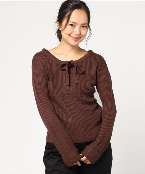 Mysty Woman ミスティウーマン の ﾘﾌﾞｱﾐﾚｰｽｱｯﾌﾟﾆｯﾄ ニット セーター Wear