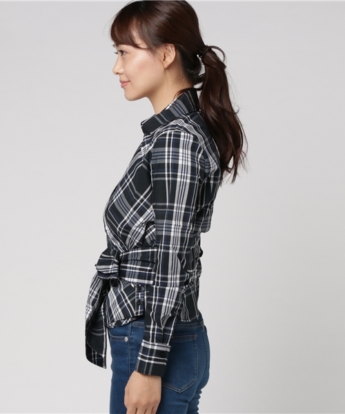 極美品♡ナラカミーチェ 黒系カシュクールチェック 共布リボン付き 長袖シャツ L 極美品♡ナラカミーチェ 黒系カシュクールチェック 共布リボン