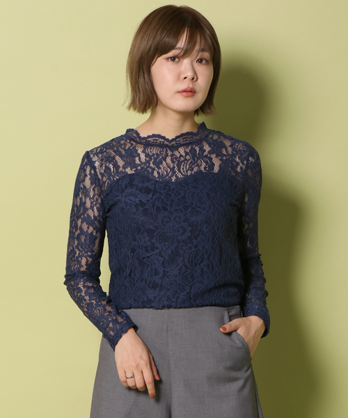 notch.（ノッチ）の「レースハイネックT                       （Tシャツ/カットソー・レディース・ブラック/ネイビー/オフホワイト/ボルドー・M）」の3枚目の写真