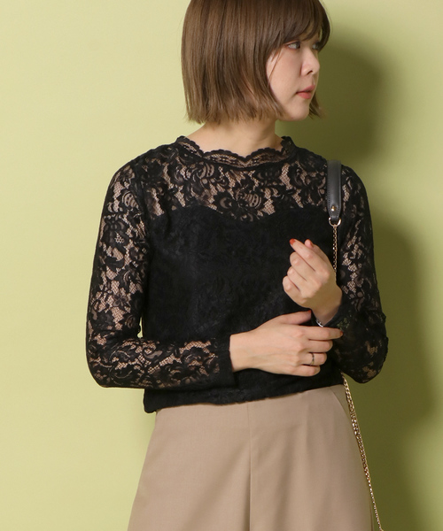 notch.（ノッチ）の「レースハイネックT                       （Tシャツ/カットソー・レディース・ブラック/ネイビー/オフホワイト/ボルドー・M）」の2枚目の写真