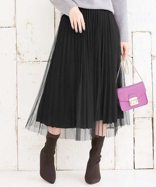 KOBE LETTUCE（コウベレタス）の「チュールドッキングミモレ丈プリーツスカート＊レディース/ボトムス[M2363]神戸レタス（スカート・レディース・ブラック/アイボリー/グレー系その他・FREE）」の15枚目の写真