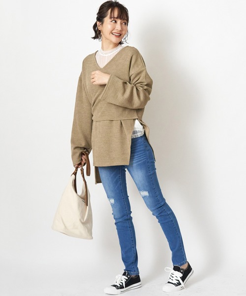 STYLEBLOCK(スタイルブロック)の「ニットソーレイヤードトップス(ニット/セーター・レディース・ラベンダー/ライトカーキ/ベージュ/ブラック・M)」の1枚目の写真