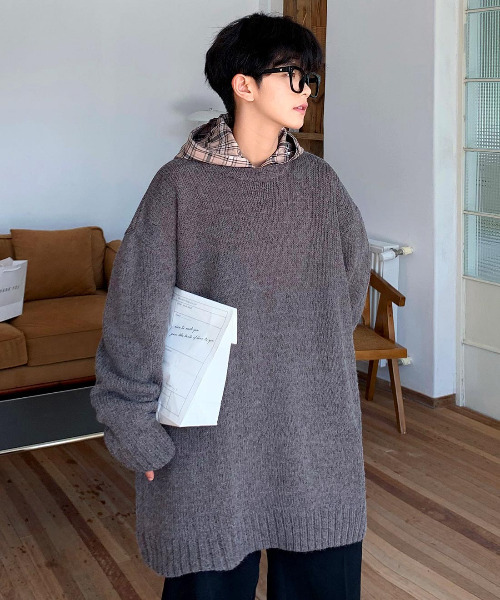 neos（ネオス）の「【neos -addictive design-】オーバーサイズ 指ぬき クルーネック ロング 杢 ニット（ニット/セーター・メンズ・ブラック/ベージュ/ブラウン/グレー・FREE）」の3枚目の写真