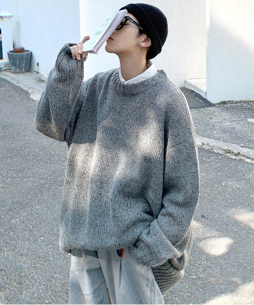 neos（ネオス）の「【neos -addictive design-】オーバーサイズ 指ぬき クルーネック ロング 杢 ニット（ニット/セーター・メンズ・ブラック/ベージュ/ブラウン/グレー・FREE）」の5枚目の写真