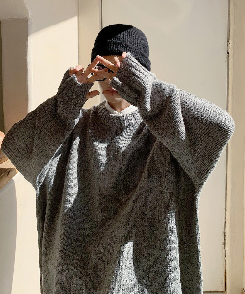 neos（ネオス）の「【neos -addictive design-】オーバーサイズ 指ぬき クルーネック ロング 杢 ニット（ニット/セーター・メンズ・ブラック/ベージュ/ブラウン/グレー・FREE）」の8枚目の写真