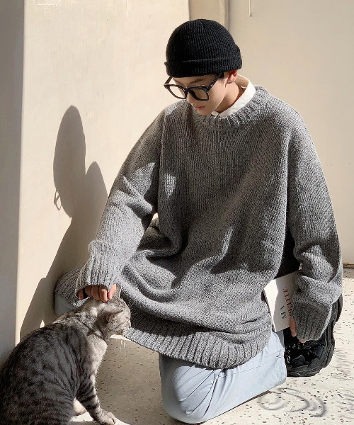 neos（ネオス）の「【neos -addictive design-】オーバーサイズ 指ぬき クルーネック ロング 杢 ニット（ニット/セーター・メンズ・ブラック/ベージュ/ブラウン/グレー・FREE）」の10枚目の写真