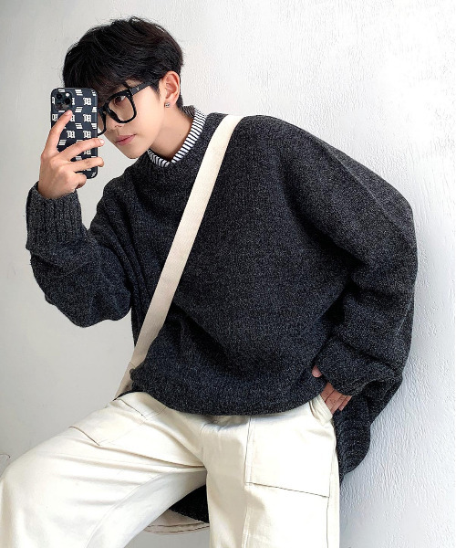 neos（ネオス）の「【neos -addictive design-】オーバーサイズ 指ぬき クルーネック ロング 杢 ニット（ニット/セーター・メンズ・ブラック/ベージュ/ブラウン/グレー・FREE）」の14枚目の写真