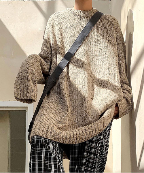 neos（ネオス）の「【neos -addictive design-】オーバーサイズ 指ぬき クルーネック ロング 杢 ニット（ニット/セーター・メンズ・ブラック/ベージュ/ブラウン/グレー・FREE）」の15枚目の写真