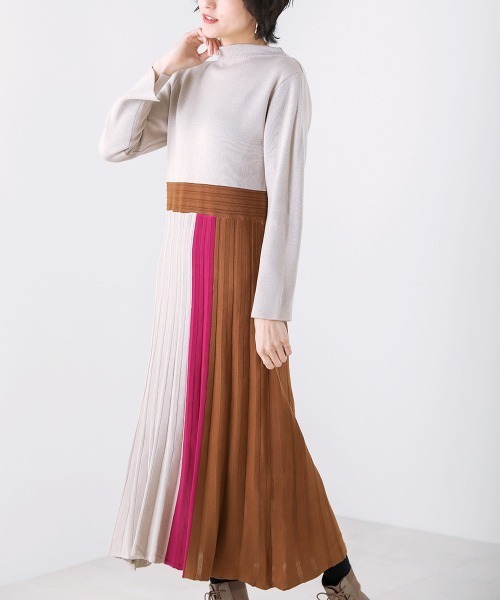 セール 配色プリーツニットワンピース ワンピース Bou Jeloud ブージュルード のファッション通販 Zozotown