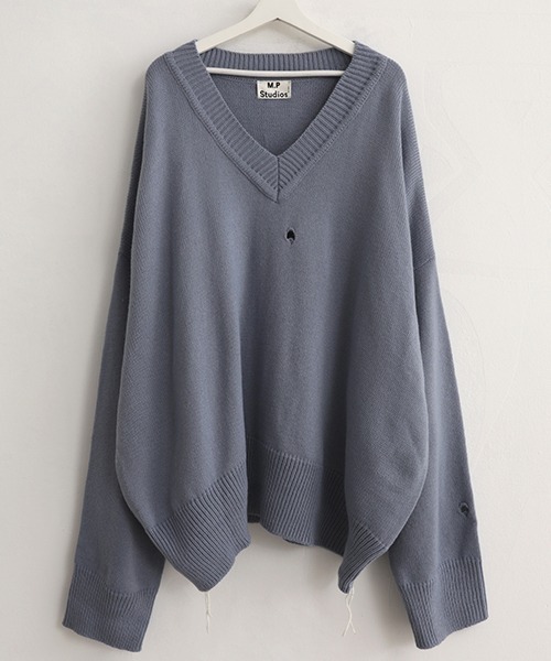 MASONPRINCE（メイソンプリンス）の「【MASONPRINCE】V-neck pothole rough edge sweaters MY1724（ニット/セーター・メンズ・ベージュ/ライトブルー・M/L/S）」の3枚目の写真