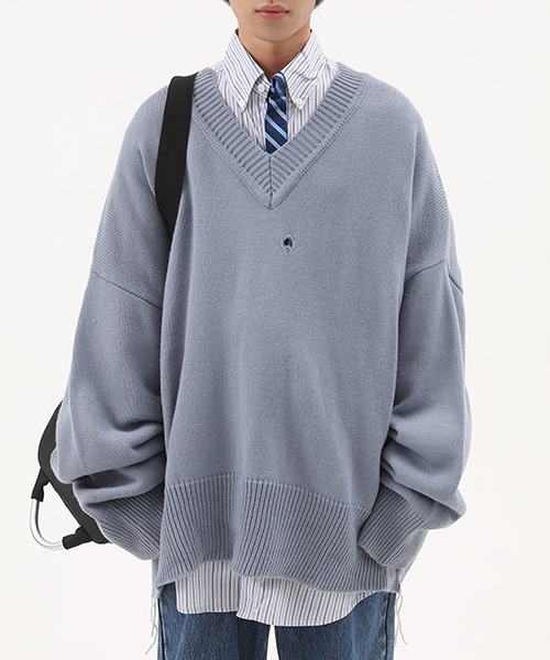 MASONPRINCE（メイソンプリンス）の「【MASONPRINCE】V-neck pothole rough edge sweaters MY1724（ニット/セーター・メンズ・ベージュ/ライトブルー・M/L/S）」の5枚目の写真