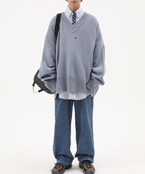 MASONPRINCE（メイソンプリンス）の「【MASONPRINCE】V-neck pothole rough edge sweaters MY1724（ニット/セーター・メンズ・ベージュ/ライトブルー・M/L/S）」の6枚目の写真