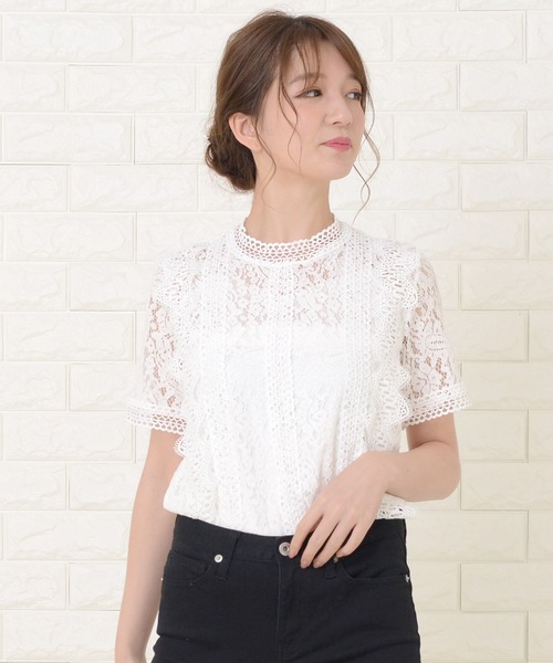 Lace Ladies（レースレディース）の「立ち襟レース 半袖ブラウス シャツ（シャツ/ブラウス・レディース・ブラック/ピンク/ホワイト・FREE）」の6枚目の写真