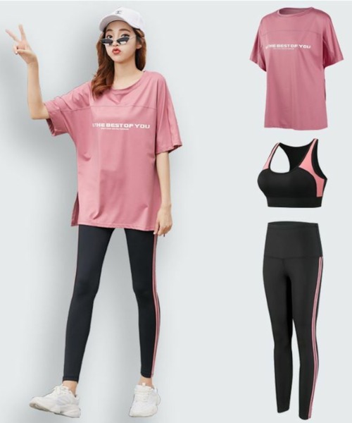 CHEATFULLDAYS（チートフルデイズ）の「レディースフィットネスウェア Tシャツ・ブラトップ・レギンスパンツ3点セット（スポーツグッズ・レディース・ブラック/パープル/ピンク・M/L）」の5枚目の写真