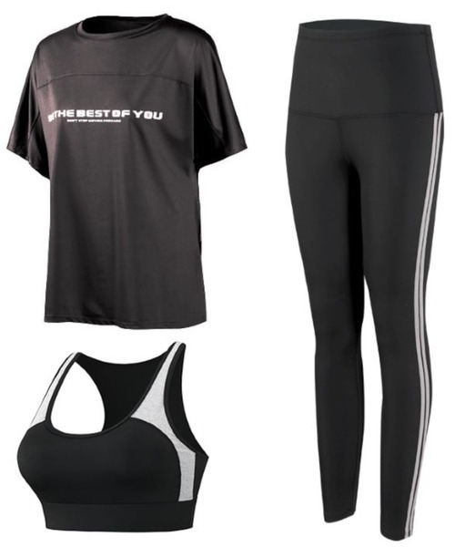 CHEATFULLDAYS（チートフルデイズ）の「レディースフィットネスウェア Tシャツ・ブラトップ・レギンスパンツ3点セット（スポーツグッズ・レディース・ブラック/パープル/ピンク・M/L）」の8枚目の写真