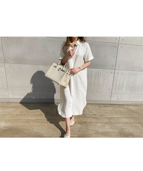 Ritzy(リッツィー)の「大人シルエット 半端袖 ミモレ丈 ウエストリボンシャツワンピース(シャツワンピース・レディース・ベージュ/ホワイト/ブラック・XL/M/L)」の7枚目の写真