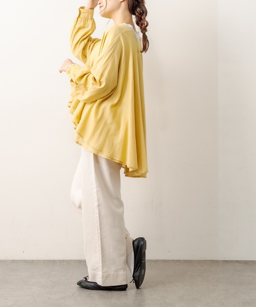 PUAL CE CIN（ピュアルセシン）の「強撚コットン2重ノーカラーブラウス（シャツ/ブラウス・レディース・チャコールグレー/ブラック/ピンク/イエロー/グレイッシュベージュ・FREE）」の9枚目の写真