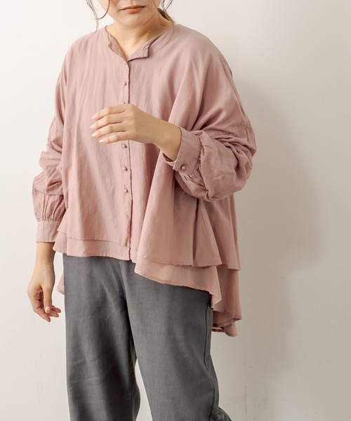 PUAL CE CIN（ピュアルセシン）の「強撚コットン2重ノーカラーブラウス（シャツ/ブラウス・レディース・チャコールグレー/ブラック/ピンク/イエロー/グレイッシュベージュ・FREE）」の13枚目の写真