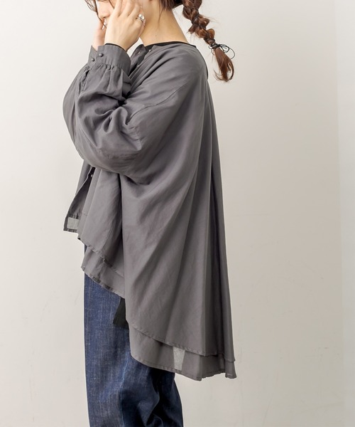 PUAL CE CIN（ピュアルセシン）の「強撚コットン2重ノーカラーブラウス（シャツ/ブラウス・レディース・チャコールグレー/ブラック/ピンク/イエロー/グレイッシュベージュ・FREE）」の7枚目の写真