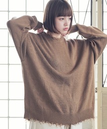 オーバーサイズ ボリューム クルーネック ダメージ ニット ビッグ セーター