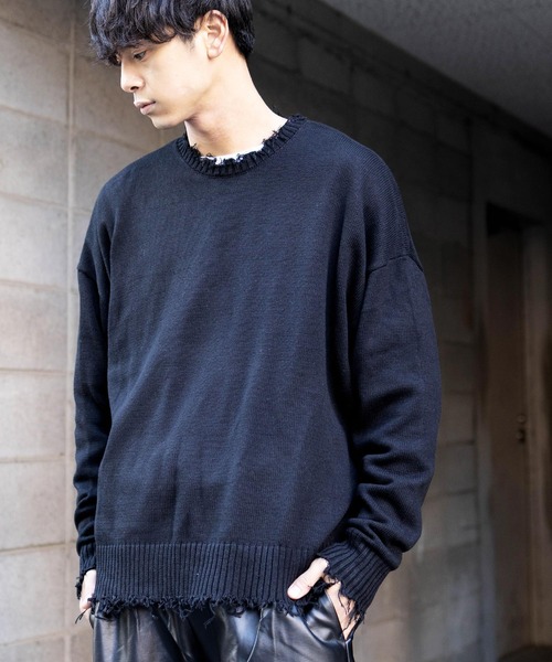 Air Tokyo(エアートウキョー)の「オーバーサイズ ボリューム クルーネック ダメージ ニット ビッグ セーター(ニット/セーター・メンズ・ブラック/ブラウン/アイボリー・MEDIUM/LARGE)」の3枚目の写真