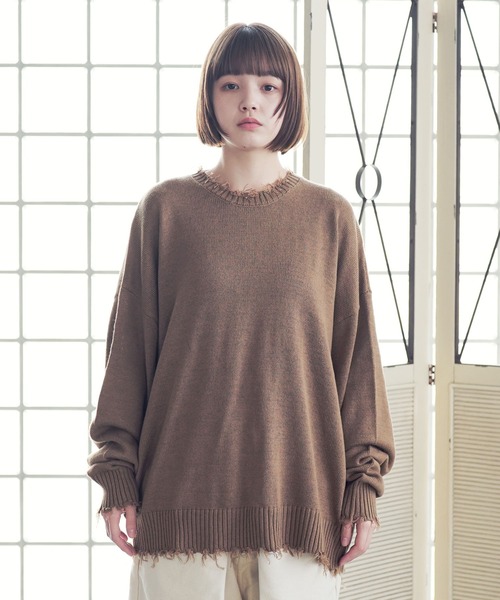 Air Tokyo(エアートウキョー)の「オーバーサイズ ボリューム クルーネック ダメージ ニット ビッグ セーター(ニット/セーター・メンズ・ブラック/ブラウン/アイボリー・MEDIUM/LARGE)」の9枚目の写真