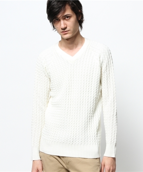 KATHARINE HAMNETT LONDON （キャサリンハムネットロンドン）の「CODE STRIPE PO / コードストライププルオーバー（ニット/セーター・メンズ・イエロー/ホワイト/ネイビー・MEDIUM/LARGE/AL）」の2枚目の写真