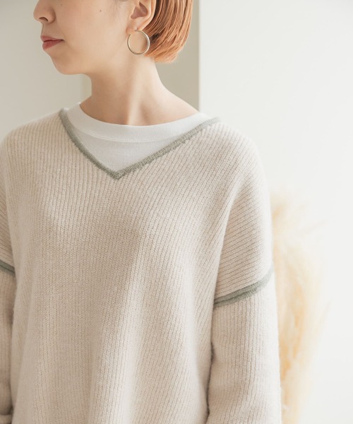 URBAN RESEARCH（アーバンリサーチ）の「パイピングVネックニット（ニット/セーター・レディース・モカ/ブラウン/アイボリー・FREE）」の14枚目の写真