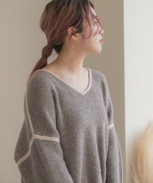 URBAN RESEARCH（アーバンリサーチ）の「パイピングVネックニット（ニット/セーター・レディース・モカ/ブラウン/アイボリー・FREE）」の11枚目の写真