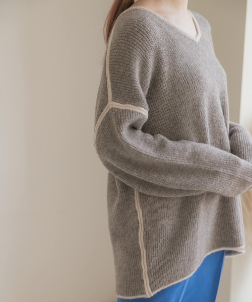 URBAN RESEARCH（アーバンリサーチ）の「パイピングVネックニット（ニット/セーター・レディース・モカ/ブラウン/アイボリー・FREE）」の6枚目の写真