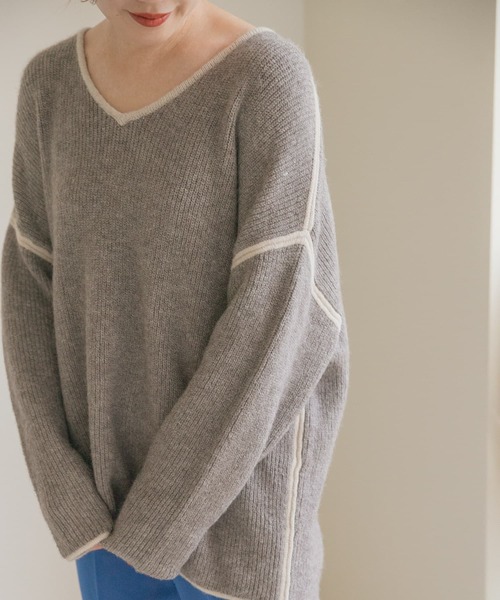 URBAN RESEARCH（アーバンリサーチ）の「パイピングVネックニット（ニット/セーター・レディース・モカ/ブラウン/アイボリー・FREE）」の16枚目の写真