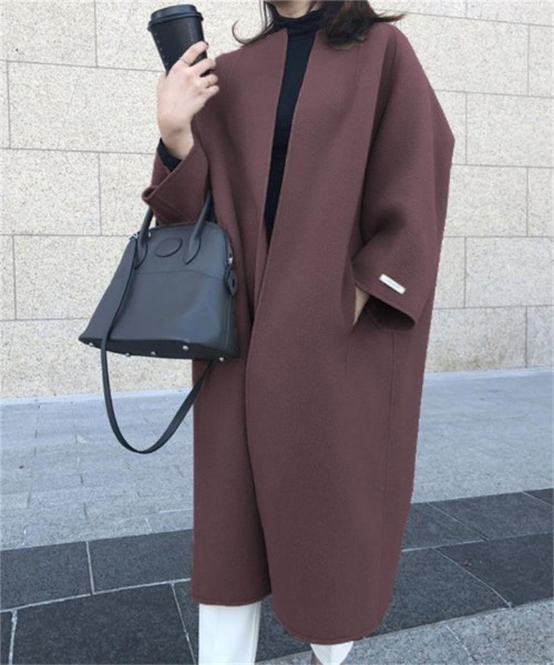 AMELY（エミリー）の「ノーカラーオーバーサイズコート（その他アウター・レディース・チャコールグレー/ブラック/パープル/ブラウン/ブルーグレー/キャメル・フリー）」の6枚目の写真