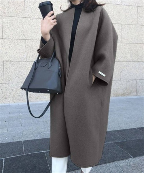 AMELY（エミリー）の「ノーカラーオーバーサイズコート（その他アウター・レディース・チャコールグレー/ブラック/パープル/ブラウン/ブルーグレー/キャメル・フリー）」の18枚目の写真