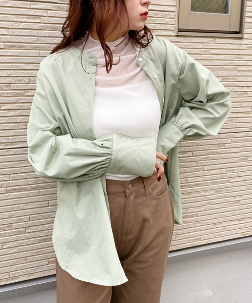 CLEA(クレア)の「2WAYバンドカラーボリュームスリーブブラウス〇(シャツ/ブラウス・レディース・ホワイト/ブルー/グリーン・S/M)」の4枚目の写真