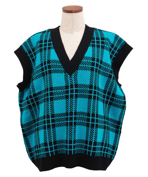 PUNYUS(プニュズ)の「チェックオーバーニットベスト(ベスト・レディース・ホワイト/イエロー/ブルー/グリーン・1/2/4/3)」の1枚目の写真