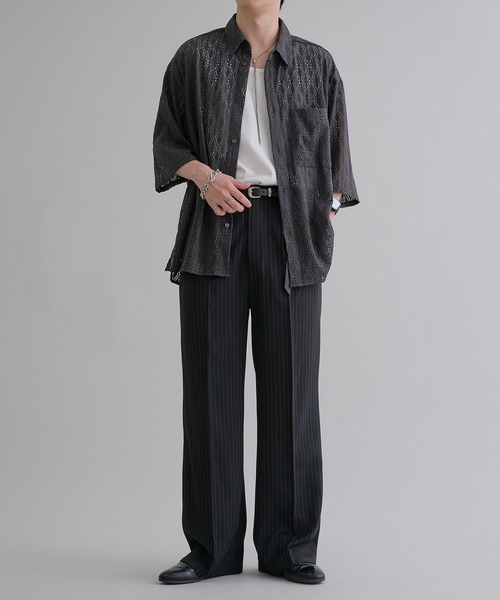 styling/エラスティックストレートパンツブラック Couleur Meler なかじ フラップ付きストレートスラックス[EC34