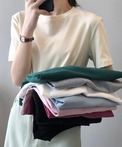 Bifrost(ビフレスト)の「ベーシッククルーネックTシャツ(Tシャツ/カットソー・レディース・ブラック/ベージュ/グレー/ピンク/オレンジ/ブルー/グリーン・F)」の16枚目の写真