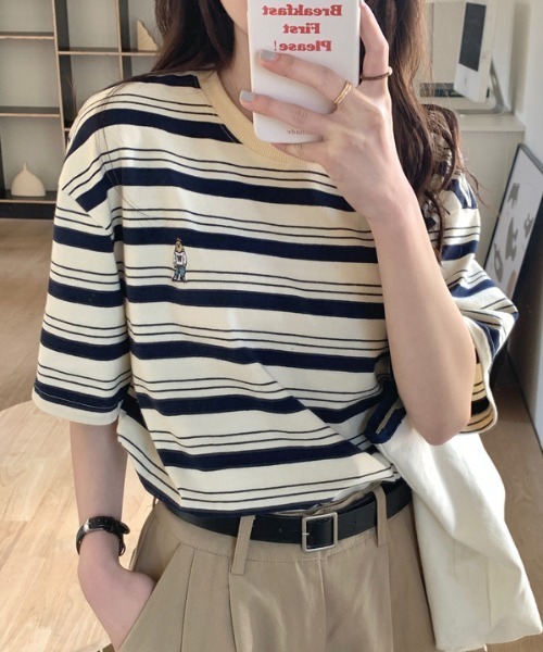 MANGROVE（マングローブ）の「ベア刺繍ハーフボーダーT（Tシャツ/カットソー・レディース・ブラック/レッド/ネイビー・FREE）」の3枚目の写真
