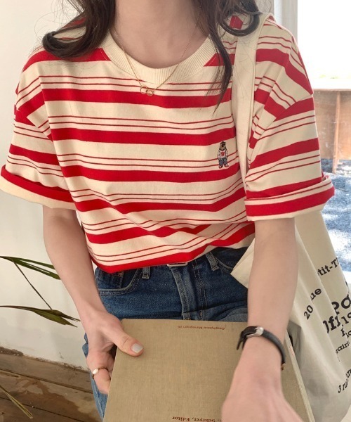 MANGROVE（マングローブ）の「ベア刺繍ハーフボーダーT（Tシャツ/カットソー・レディース・ブラック/レッド/ネイビー・FREE）」の4枚目の写真