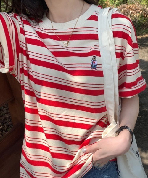 MANGROVE（マングローブ）の「ベア刺繍ハーフボーダーT（Tシャツ/カットソー・レディース・ブラック/レッド/ネイビー・FREE）」の7枚目の写真