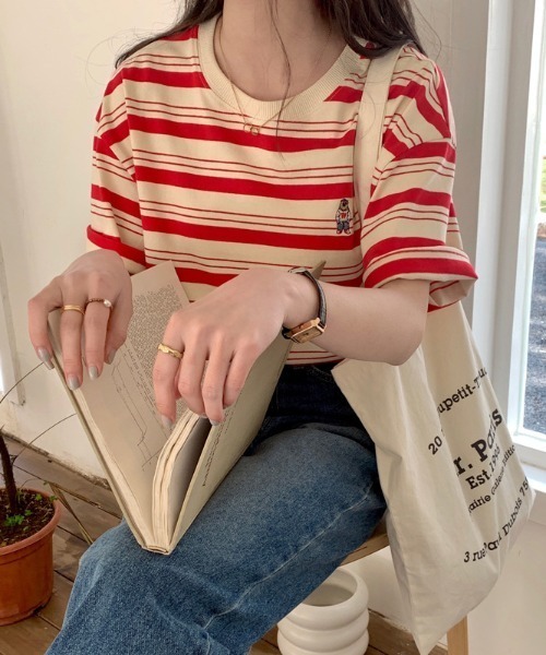 MANGROVE（マングローブ）の「ベア刺繍ハーフボーダーT（Tシャツ/カットソー・レディース・ブラック/レッド/ネイビー・FREE）」の6枚目の写真