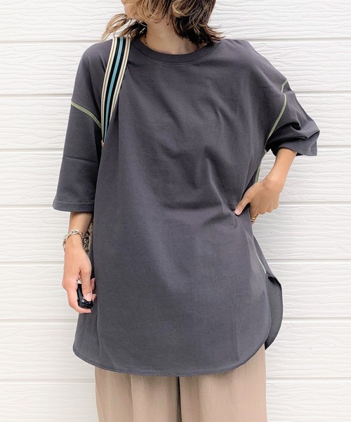 Q（キュー）の「Relax5分袖ワッペンT（Tシャツ/カットソー・レディース・チャコールグレー/アイボリー/ラベンダー・MEDIUM）」の12枚目の写真