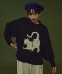 CATモチーフボリュームスリーブニット