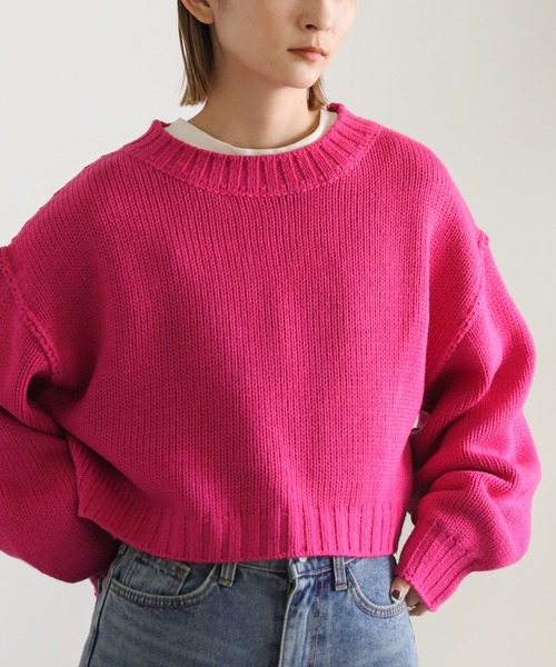 select MOCA(セレクトモカ)の「クルーネックリンキングデザインショートニット(ニット/セーター・レディース・ブルー/ピンク/グリーン/オレンジ・FREE)」の3枚目の写真